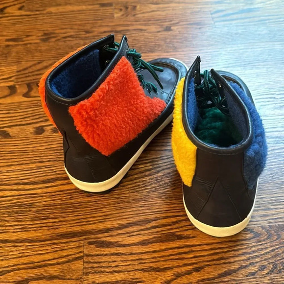 Tory Burch black leather & colorblock fleece yellow/blue/green/red/orange boots - Picture 2 of 10
